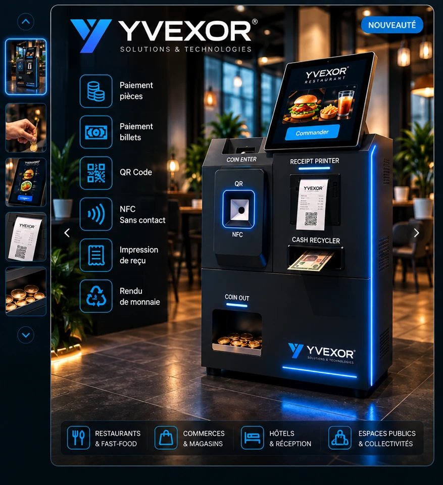 Borne de paiement espèces avec rendu de monnaie — vue 1