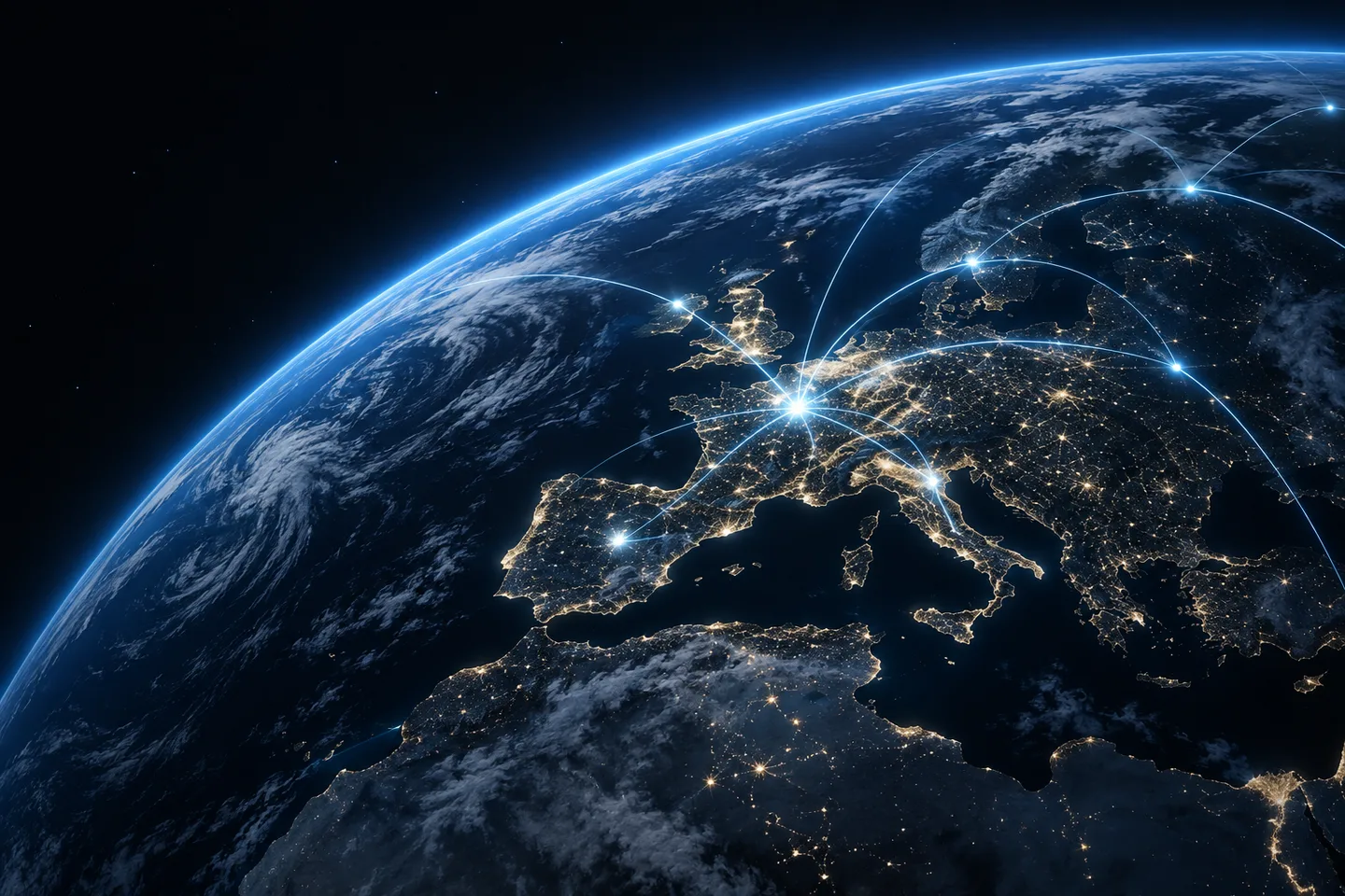 Illustration de la Terre de nuit, avec des connexions lumineuses bleues au-dessus de l’Europe.